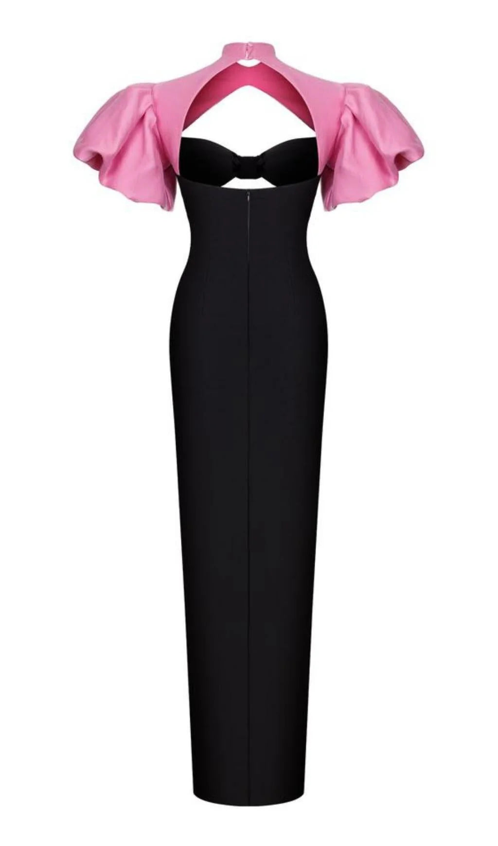 Robe de bal formelle à dos nu, manches bouffantes et col haut